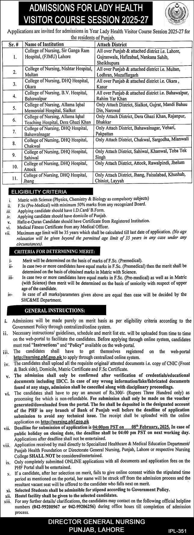 LHV Course Admission 2025-27 Registration | nursing.phf.gop.pk